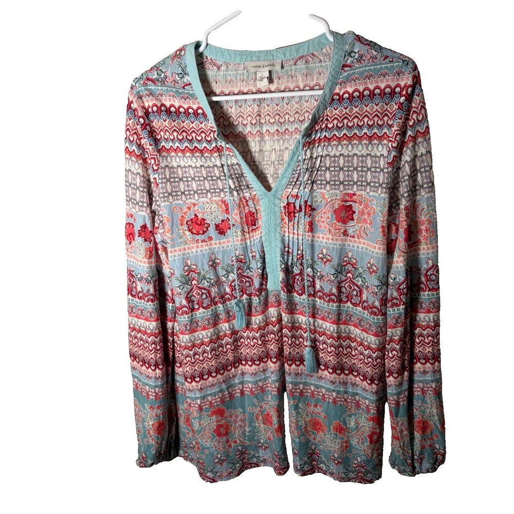 Vintage America Blouse Women's Large V-Neck Colorful Tassel Boho Top